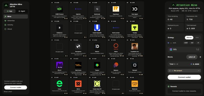 A screenshot of a crypto airdrop platform called 'Attention Mine' ($ATTN) displaying various apps and tokens including SQX, Vanas, Squarex, Gaimin, Tari, Uniswap, Rollcoin, and Tornado, with a 'Connect wallet' button visible.
