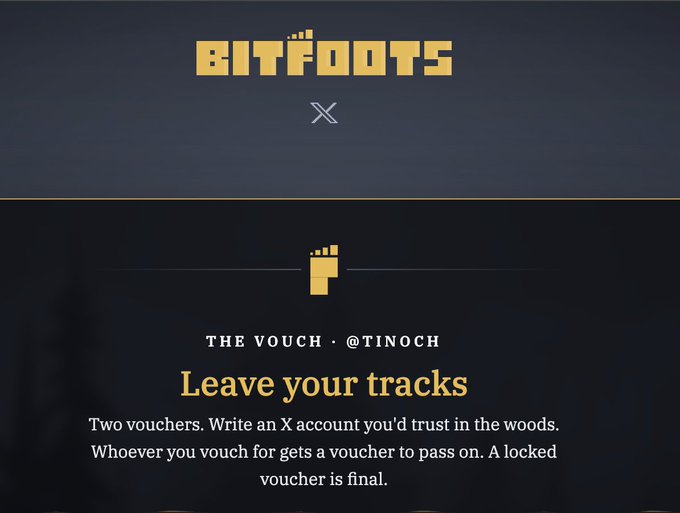 Dark webpage with pixel-art style logo reading 'BITFOOTS x THE VOUCH · @TINOCH' and heading 'Leave your tracks' with text about two vouchers for writing an X account to trust in the woods.