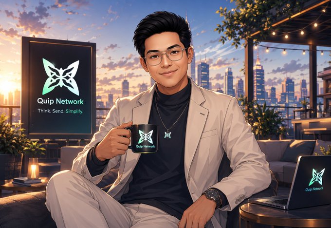 A digitally illustrated young man wearing glasses and a light blazer holds a black 'Quip Network' mug with the tagline 'Think. Send. Simplify.' A matching screen and laptop also display the Quip Network logo against a city skyline backdrop.