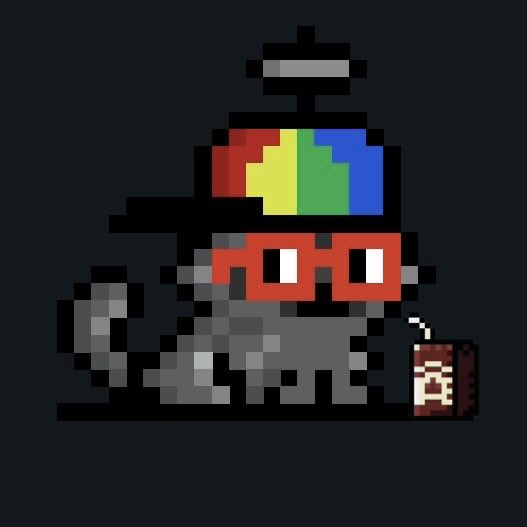 The image features a cartoon cat wearing glasses, a colorful hat, and a backpack with a drink inside. The cat appears to be drinking from the bottle while standing next to a black background. The caption of the image reads "Hyperliquid this. Hyperliquid that. Tiny Hyper Cats are the first NFT on Hyperliquid." This suggests that the cat is an item in the NFT market, and it has been listed as one of the first items available for sale.
