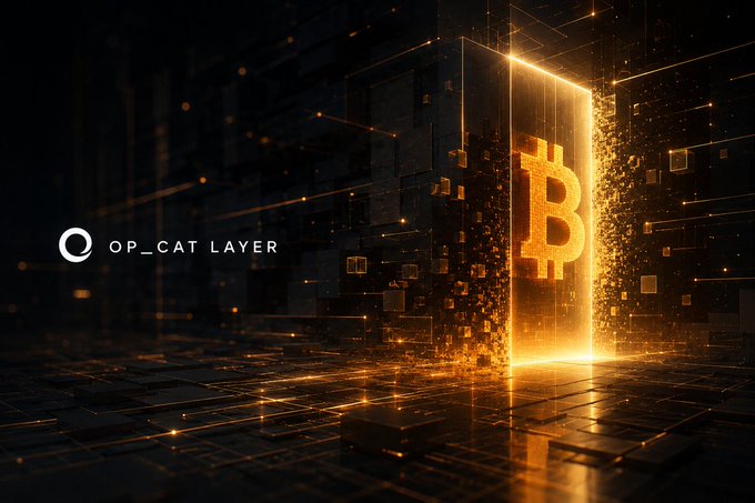 A promotional graphic displays the text "OP_CAT LAYER" next to a glowing, golden Bitcoin symbol emerging from a dark, digital cube with particle effects.