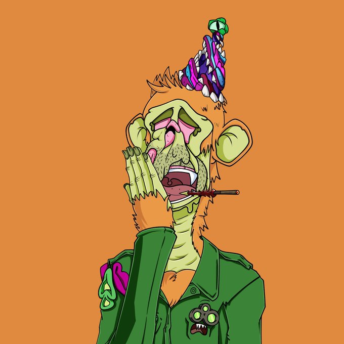An illustration of a zombie-like monkey character wearing a green jacket, smoking a blunt, with a colorful piece on top of its head, on an orange background.