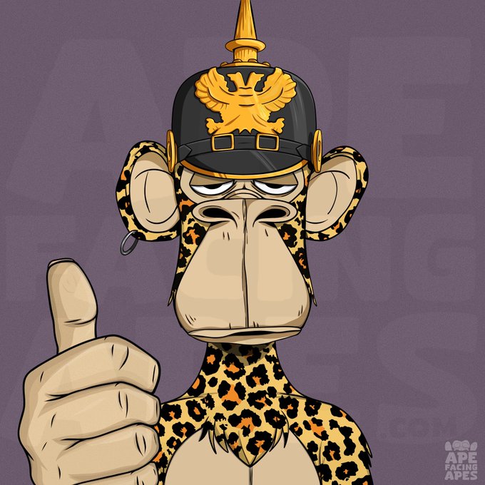 A digital illustration from 'Ape Facing Apes' shows a cartoon ape wearing a leopard-print outfit and a black spiked helmet with a golden eagle emblem, giving a thumbs-up against a purple background.