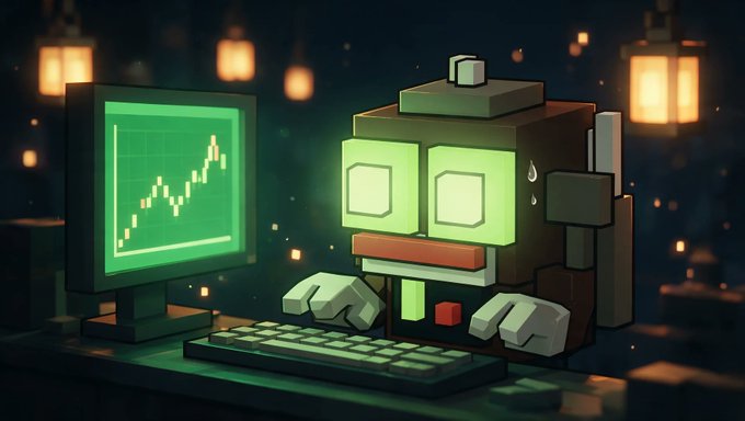A pixel-art scene depicts a blocky green-lit robot sweating nervously at a computer monitor displaying a rising candlestick chart, with a keyboard and mouse on the desk, set against a dark background dotted with glowing lanterns. The image's image text: "@vibevibefun" appears in the accompanying post, visually echoing the post's enthusiastic prediction that the "Meta Alchemist" is building something substantial that could surpass Seedify, with the sweating robot at a chart symbolizing the intense, pressured effort of creating the next big crypto venture.