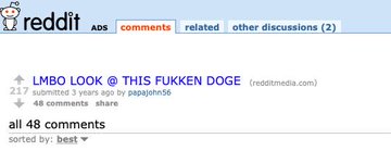 The image shows a Reddit message from two users discussing the character "Lmbo Look" as being referred to as "This Fuckeden Doge", an amusing reference made by both users about a popular meme. They also share their opinions on this meme, with one user expressing liking for it and the other disliking it. The conversation is set against the backdrop of a Reddit post regarding comments received from all 78 submissions.
