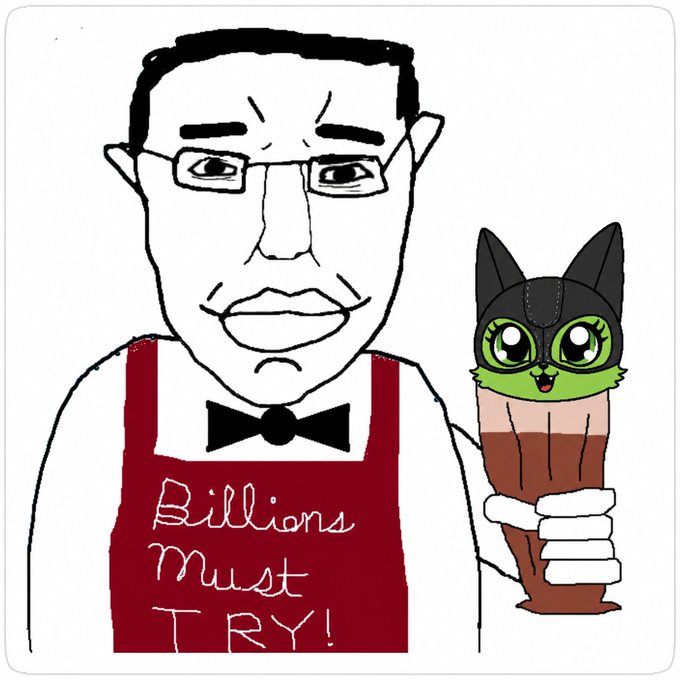 Hand-drawn cartoon of an ice cream vendor with glasses and bowtie wearing a red apron that reads "Billions Must TRY!", holding an ice cream cone topped with a green cat-like creature.
