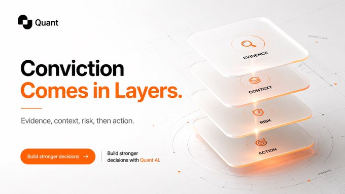 A promotional banner for 'Quant' featuring the tagline 'Conviction Comes in Layers' and a 3D illustration showing four stacked layers labeled EVIDENCE, CONTEXT, RISK, and ACTION, with the message 'Build stronger decisions with Quant AI.'