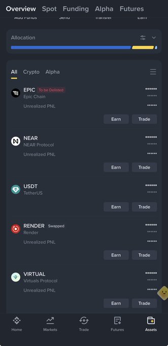 Crypto app 'Assets' overview tab displaying a portfolio allocation of cryptocurrencies including EPIC (Epic Chain), NEAR, USDT, RENDER, and VIRTUAL with Earn/Trade buttons.