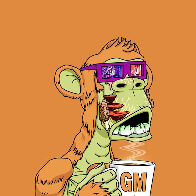 A cartoon NFT-style illustration of a green zombie monkey with purple frames, exposed teeth, and a fungus growing on its face, holding a coffee mug labeled 'GM'.