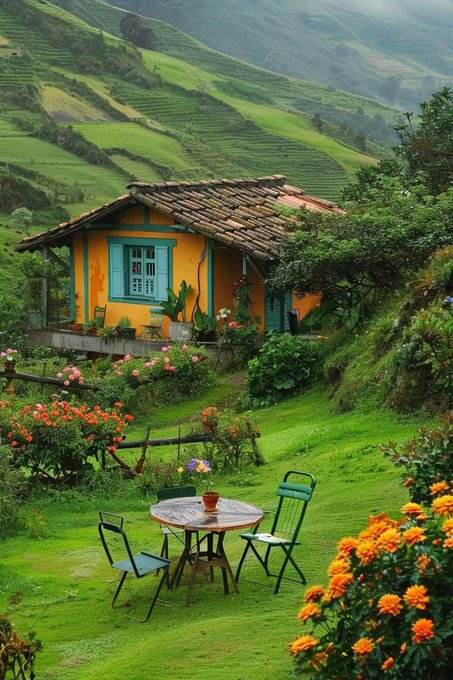 A picturesque yellow cottage with a tiled roof sits amidst lush green terraced hills, surrounded by colorful flower gardens and a small patio set with chairs and a table.