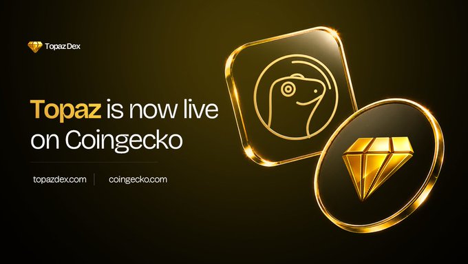 The image features two gold coins with a snake design on them, one larger than the other. The text "Topaz Dex" is written above the coins, indicating that they are now live on CoinGecko. The post also mentions that Topaz is building a sustainable exchange and focuses on trading fees, voting incentives, and user provided liquidity to ensure growth in the future.