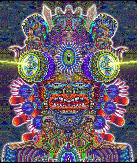 A vibrant, highly detailed psychedelic illustration of a symmetrical, totem-like figure with multiple eyes, intricate patterns, and neon colors including pink, green, blue, and yellow.