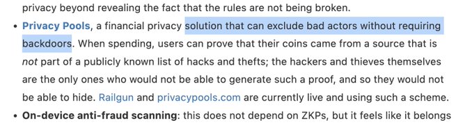The image shows a highlighted excerpt from Vitalik Buterin's privacy essay discussing "Privacy Pools, a financial privacy solution that can exclude bad actors without requiring backdoors," referencing Railgun and privacy pools as live implementations. The highlighted text specifically emphasizes the concept of excluding bad actors without backdoors, which aligns with the post's framing of how Vitalik explains the privacy approach that NEAR Intents was criticized for implementing.