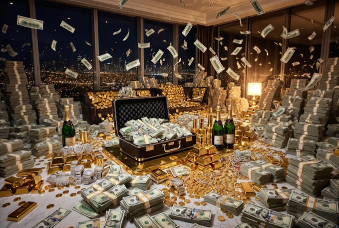 AI-generated image depicting an extravagant pile of US dollar bills, gold bars, champagne bottles, and a briefcase overflowing with cash against a nighttime city skyline.