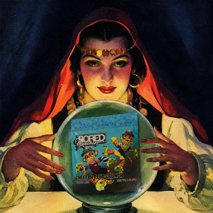 A vintage-style illustration of a fortune teller with a red headscarf holding a crystal ball, inside of which is reflected a bag of 'Bored Munchies Cheetah Pelt Crunch Trail Mix'.