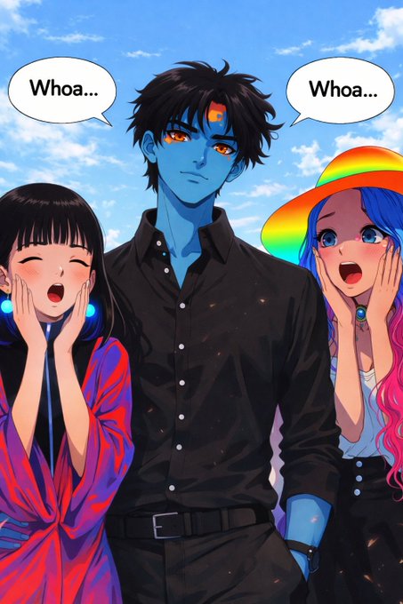 Anime-style illustration of a blue-skinned man standing between two women who are gasping with hands on their cheeks, both saying 'Whoa...' in speech bubbles.
