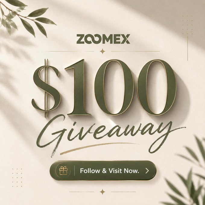 The image features a banner with the text "100 USDT" written in large, bold letters at the top of the frame. Below this, there are two smaller texts that read "Follow & Visit Now" and "2 Winners x 50". The background of the image is white, which contrasts nicely with the green leaves surrounding it. There's also a small gift box placed on the right side of the banner.