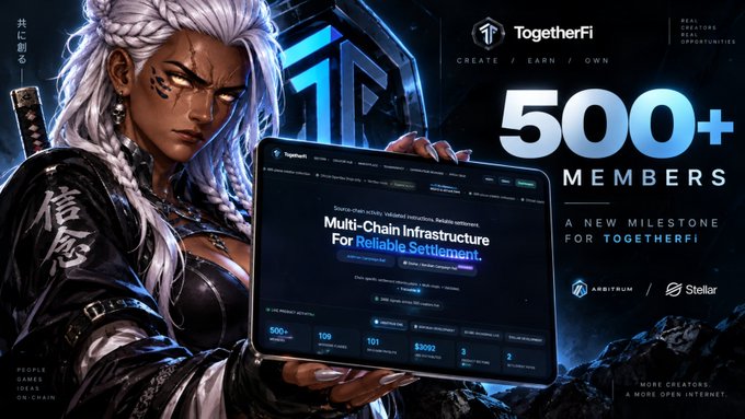 A promotional graphic for TogetherFi celebrating "500+ Members - A New Milestone," featuring an anime-style samurai character holding a tablet displaying a "Multi-Chain Infrastructure For Reliable Settlement" interface, with Arbitrum and Stellar logos.
