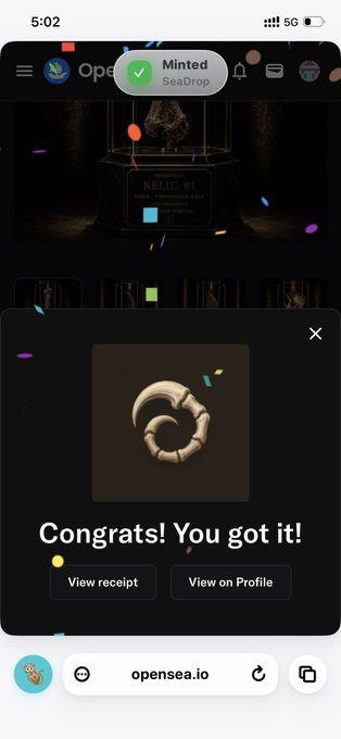 A mobile screenshot of the OpenSea app showing a 'Congrats! You got it!' SeaDrop mint confirmation pop-up with a 3D ring icon, and options to 'View receipt' or 'View on Profile'.