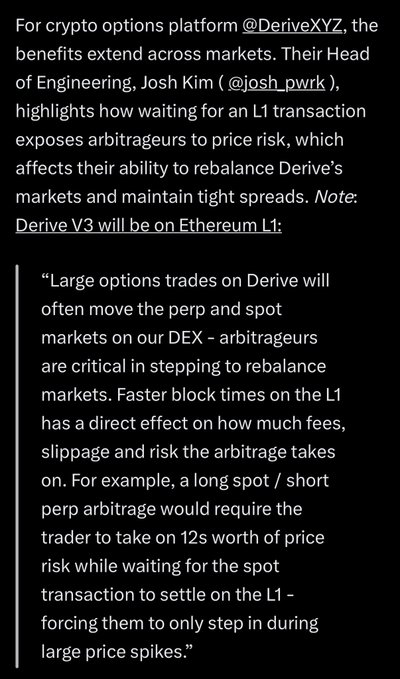 Text discussing crypto options platform DeriveXYZ and its Head of Engineering Josh Kim (@josh_pwrk), explaining how L1 block times affect arbitrageurs' price risk when rebalancing Derive's markets, noting Derive V3 will be on Ethereum L1.