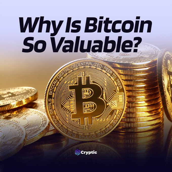 A promotional graphic featuring stacks of gold Bitcoin tokens with the headline "Why Is Bitcoin So Valuable?" — it visually reinforces the post's argument that Bitcoin's worth stems from fundamental properties like fixed scarcity and decentralization, rather than price speculation alone. The "Cryptic" logo appears in the lower corner.