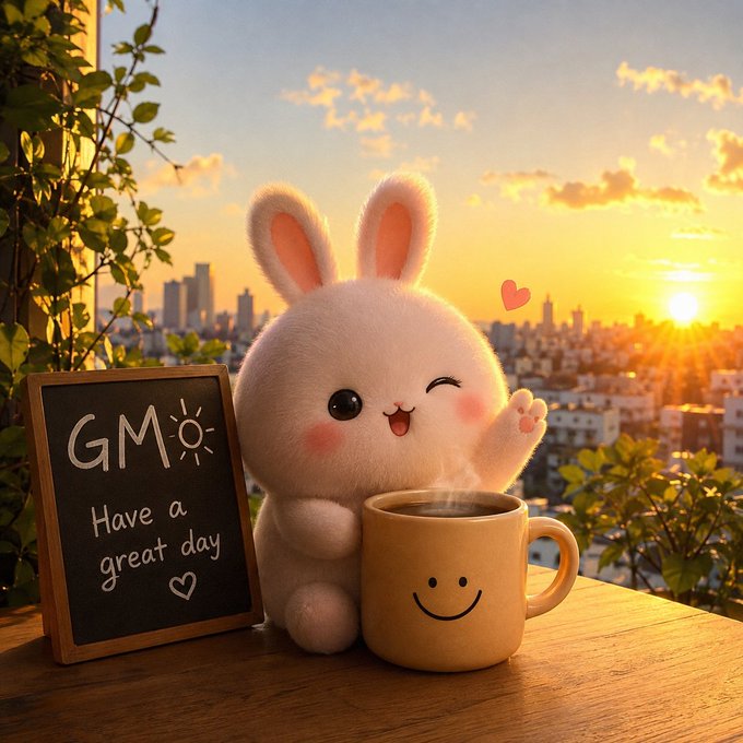A cute, fluffy cartoon bunny with a winking face holds a smiley-face mug of coffee next to a chalkboard that reads 'GM ☀ Have a great day ♡' against a sunset cityscape background.