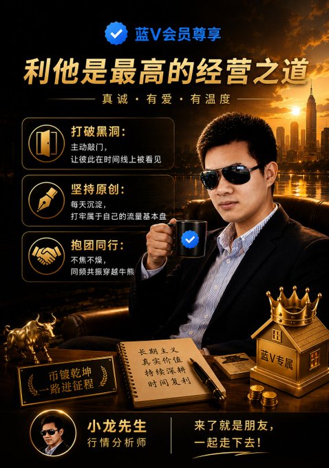 A Chinese promotional poster features a man in sunglasses holding a mug, with text including '利他是最高的经营之道' (Altruism is the highest way of business) and '蓝V会员尊享' (Blue V Member Exclusive), branding it as an offer from '小龙先生' (Mr. Xiaolong), a market analyst.