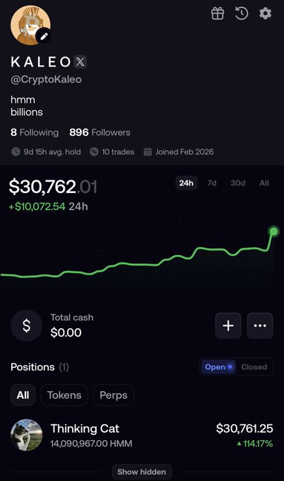 A screenshot of the KALEO (@CryptoKaleo) trading profile shows a portfolio worth $30,762.01, up $10,072.54 in 24 hours, with a single position in "Thinking Cat" (HMM) valued at $30,761.25 and up 114.17%—visually echoing the post's theme of "Billions will think."