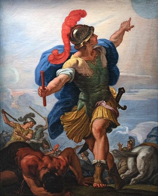 Classical-style painting depicting a warrior in a helmet with a red plume, green tunic, and blue cape standing triumphantly among fallen figures and horses in a battlefield scene.
