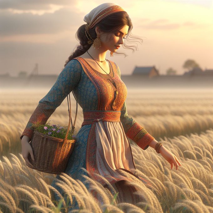 A digital artwork depicts a woman in traditional patterned clothing carrying a basket of flowers while walking through a wheat field at sunset.