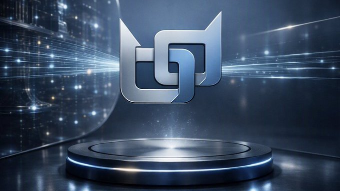 A futuristic logo featuring metallic blue interlocking shapes floats above a circular platform, set against a dark background with light streaks and digital particle effects.