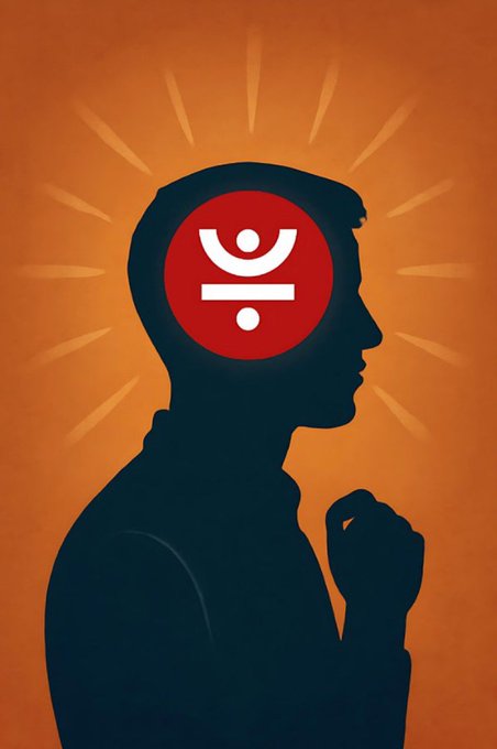 A silhouette of a person's profile with a red circular "JST" logo replacing the brain, surrounded by radiating light beams against an orange background—visually reinforcing the post's message that conviction and understanding (the "brain" of an investment) are what give $JST its value beyond mere speculation.