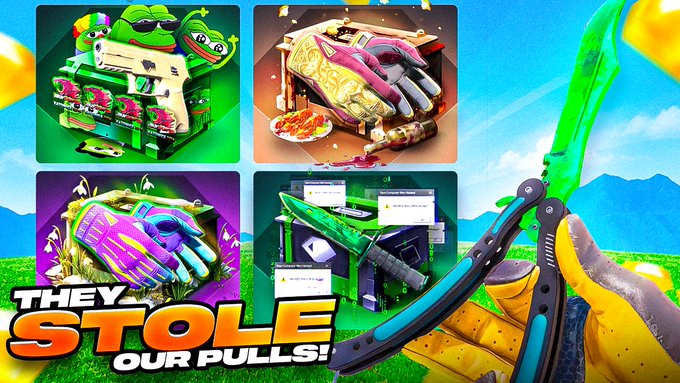A gaming thumbnail featuring colorful knife skins (butterfly knife, karambit) and CSGO loot boxes with the text "THEY STOLE OUR PULLS!" alongside a YouTube giveaway promotion offering a $25 LTC prize. The image promotes a CSGOGem video, directly tying into the post's call for engagement (likes, comments, retweets) for the crypto giveaway.