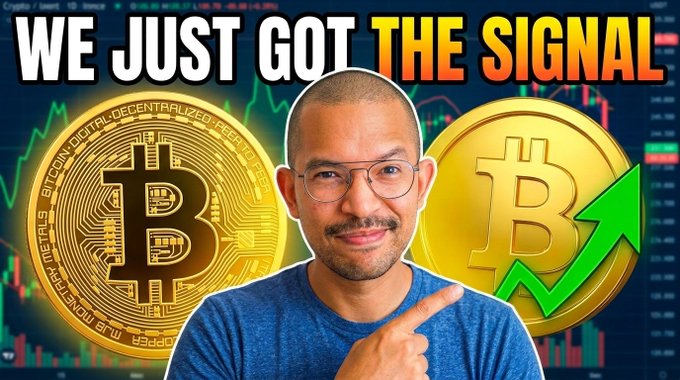A YouTube-style thumbnail featuring a man pointing toward a green upward arrow over Bitcoin logos, with the text 'WE JUST GOT THE SIGNAL' and a crypto price chart in the background.