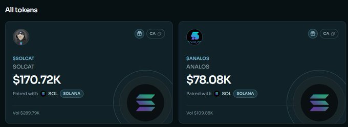 Cryptocurrency token listings showing $SOLCAT at $170.72K (Vol $289.79K) and $ANALOS at $78.08K (Vol $109.88K), paired with SOL on the Solana network.