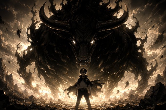 A silhouetted figure with spiky hair and a flowing cape stands defiantly before a massive, glowing-eyed demonic bull wreathed in dark smoke and flames. The image evokes themes of courage, volatility, and the overwhelming power of the market—mirroring the post's warning that while memecoins attract passionate communities, their creators often fail to sustain long-term value after the initial hype fades.