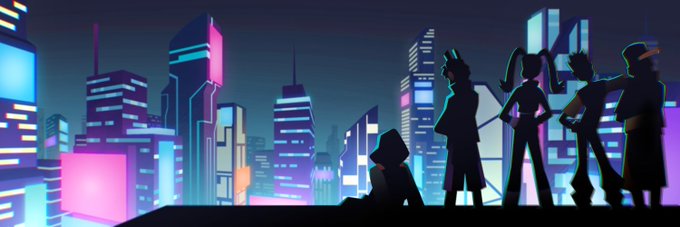A silhouette of five animated characters, one seated and four standing, overlooks a vibrant, neon-lit futuristic cityscape at night.