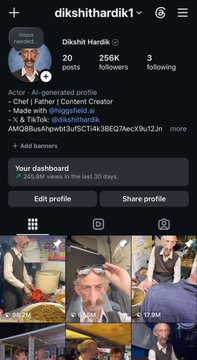 An Instagram profile screenshot for 'dikshithardik1' (Dikshit Hardik) with 20 posts, 256K followers, and 3 following, bio labeled as 'Actor - AI-generated profile' listing him as 'Chef | Father | Content Creator' with AI-generated images of men in chef hats.