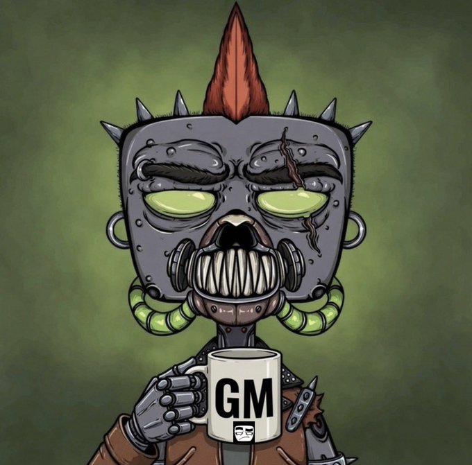 A robotic, punk-style character with a spiked metal face, mohawk, and sharp teeth holds a white coffee mug printed with "GM" and a smiling face icon. The image ties into the post's upbeat "GM Frens / TGIF" message, using the mug's greeting and the character's grinning, morning-energy vibe to wish followers a good morning and a happy Friday.
