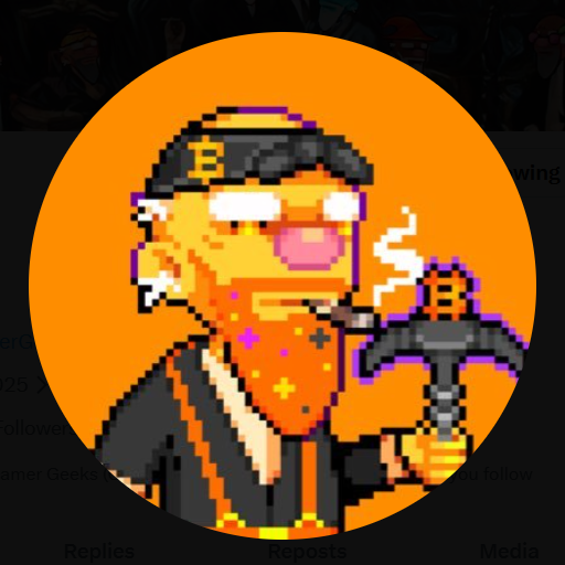 A pixel art profile picture shows an older man with a grey beard, glasses, and a black cap with a gold 'B' logo, smoking a pipe and holding a large hammer-like object against an orange circular background.