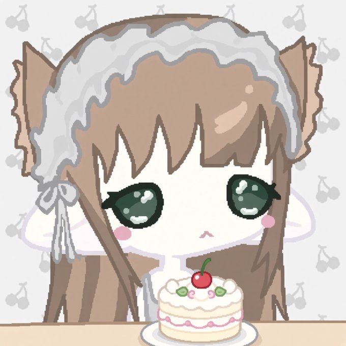 Chibi pixel-style illustration of a girl with brown hair and large green eyes looking at a small cake topped with a cherry.