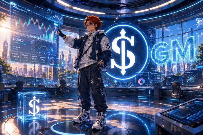An anime-style character with red hair and goggles stands in a futuristic trading room filled with holographic screens displaying market charts, candlestick graphs, and financial data, with large glowing dollar signs and the text 'GM' on a circular backdrop.