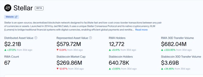 The screenshot shows an Excel worksheet titled "Stellar" with several columns of data, including a column for asset value, another for asset volume, and one more for active wallet holders. The data in the table includes information about Stellar's price and transactions, as well as its trading volume over the past 30 days and the average transaction value across all wallets. This Excel workbook is associated with an active trading account, showing that the post provides valuable insights into the workings of Stellar's market operations.