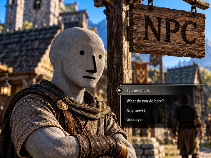 A video game scene featuring an NPC (non-player character) with a blank stone mask face standing next to a wooden 'NPC' sign, with dialogue options including 'Tell me more.', 'What do you do here?', 'Any news?', and 'Goodbye.'