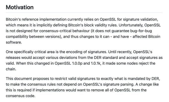 A document titled "Motivation" discussing Bitcoin's reliance on OpenSSL for signature validation and the need to restrict signatures to strict DER encoding.