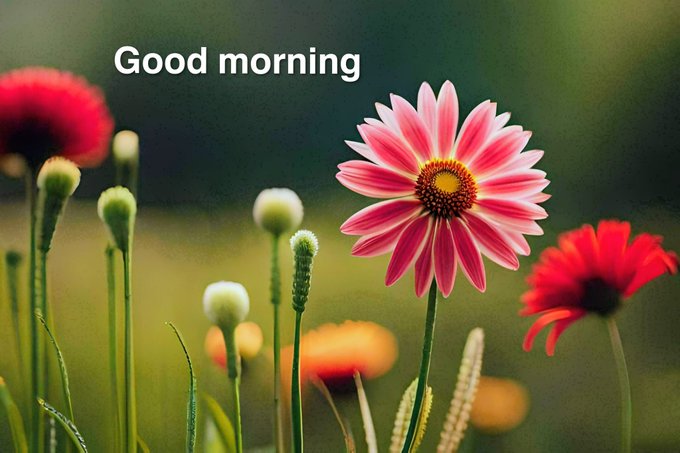 The image features a beautiful pink flower surrounded by other flowers, including red and white ones. The text "Good Morning" is written above the flower, indicating that it's a good morning message. The background of the image is blurred green, which complements the colorful flowers in the foreground.