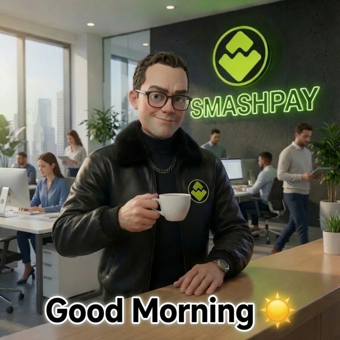 A 3D-rendered image of a man in a leather jacket holding a coffee mug in front of a 'SMASHPAY' office sign, with 'Good Morning' text and a sun emoji.