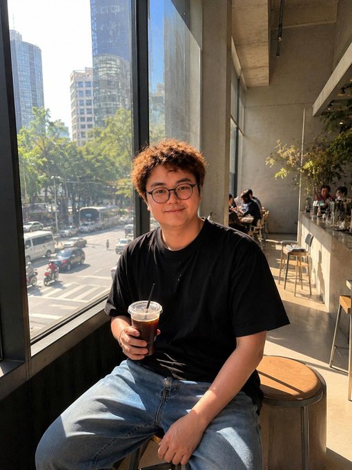 A photo of a young man with curly hair and glasses wearing a black t-shirt and jeans, sitting by a large window in a cafe holding an iced coffee, with a city street view visible outside.