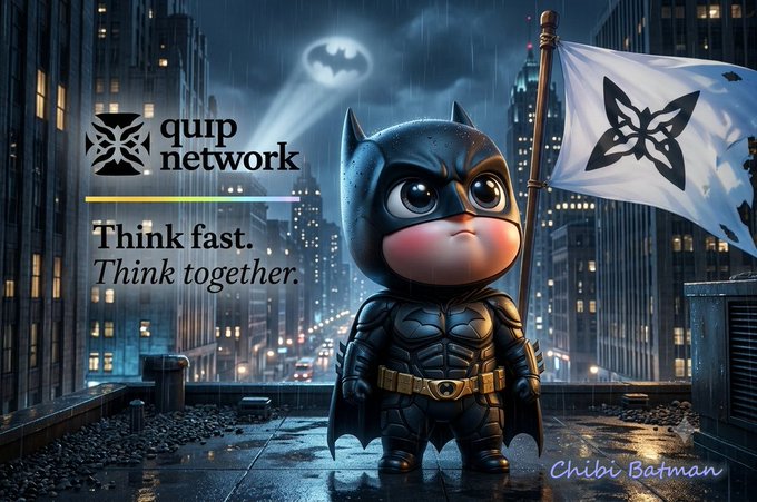 Quip Network advertisement with a chibi-style Batman holding a butterfly logo flag, captioned 'Think fast. Think together. Chibi Batman'