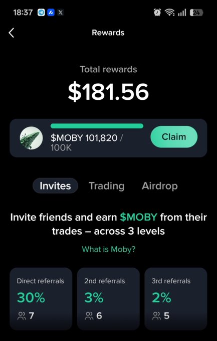 A mobile rewards screen displaying total earnings of $181.56 with $MOBY token rewards at 101,820/100K, showing referral tiers of 30%, 3%, and 2% across 3 levels.